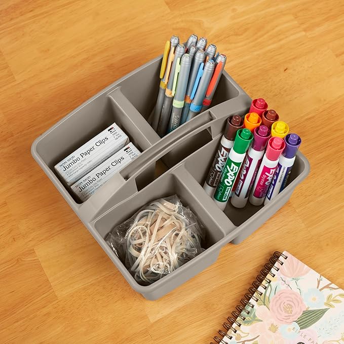 ECR4Kids 4-Compartment Medium Plastic Caddy, Multipurpose Organization, Grey, 6-Pack