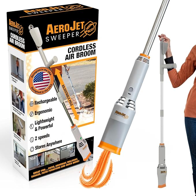 Aerojet Sweeper- Rocket Cordless Air Broom- Rechargeable Lightweight Power Blower for Indoor & Outdoor, Lawn Care, Patio, Driveway, Turf & Garage- Adjustable Pole, Ergonomic Handle, Battery & Charger