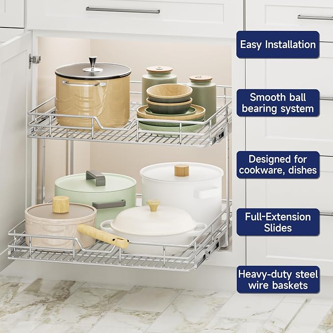 2-Tier Pull Out Cabinet Organizer, 19.5" W x 21.5" D, Heavy Duty Dual Slide Out Shelves for Base Cabinets, Chrome Wire Basket Drawer for Pantry, Kitchen & Bathroom Storage