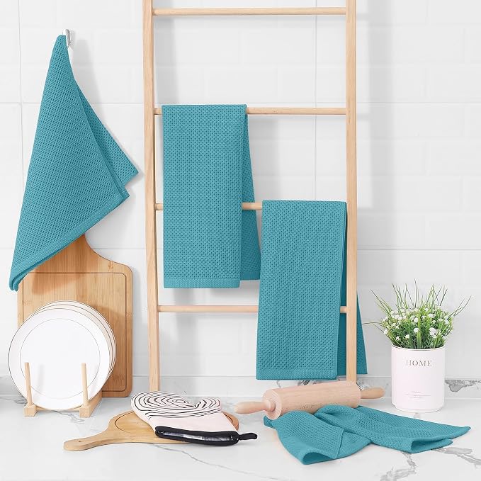 Homaxy 100% Cotton Waffle Weave Kitchen Dish Towels, Ultra Soft Absorbent Quick Drying Cleaning Towel, 13 x 28 Inches, 24-Pack, Lake Blue
