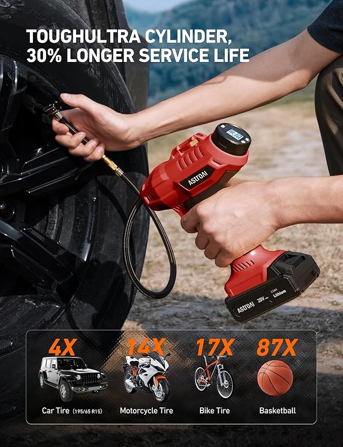 AstroAI C2 Cordless Tire Inflator Air Compressor 20V Rechargeable Battery Powered 160PSI Portable Air Pump with 12V Car Power Adapter Digital Pressure Gauge for Cars Motorcycles Red