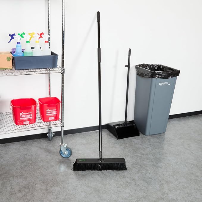 Restaurantware-Clean Tek Professional 17.13 Inch Push Broom, 1 Heavy-Duty Broom with 59” Handle - Medium Bristles, 2 Handle Attachment, Wooden, Commercial Use, for Deck, Garage, Yard, Patio