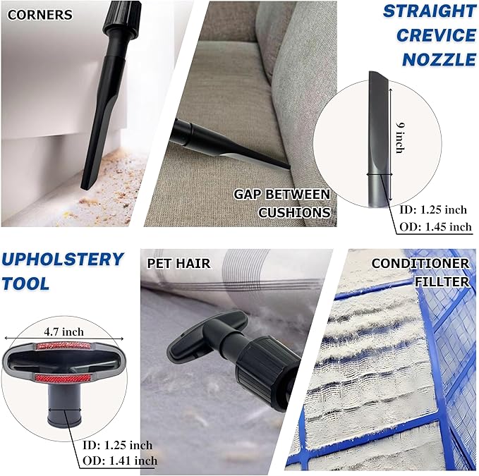Universal 1.25 Inch (32MM) Vacuum Brush Attachments plus Extension Tubes & Adapter Kit for Small Shop Vacs Hose 1-1/4'' - Vacuum Extension Wand & Accessories for Small Shop Vac