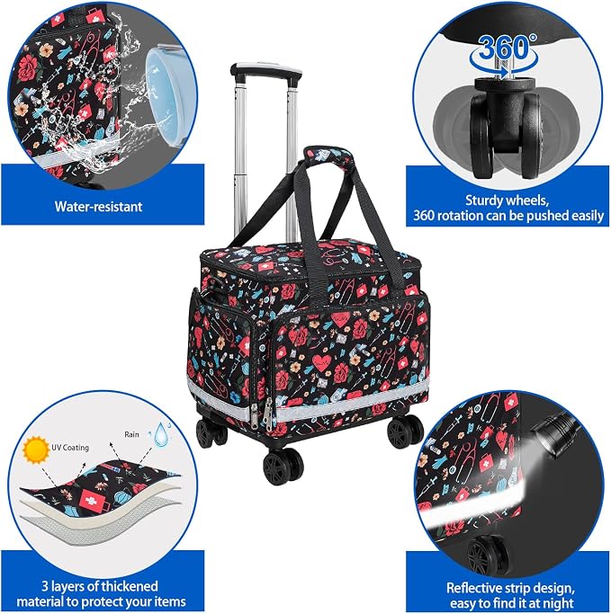 Medical Bag Rolling Roller Bag Trolley Duffel Nurses EMT CNA RN Empty for First Aid Responder Home Health Care Nursing Student Roll Duffle Bag Carry on Wheels Wheeled Work Physicians Doctor