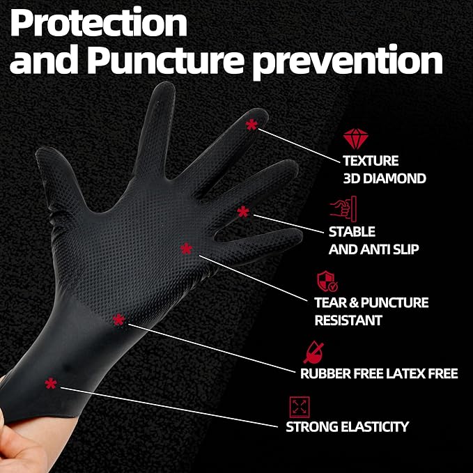 Jointown Basic Heavy Duty Nitrile Gloves, Mechanic Gloves 8 Mil Nitrile Disposable, with Raised Diamond Texture, Case of 100, Black, XLarge