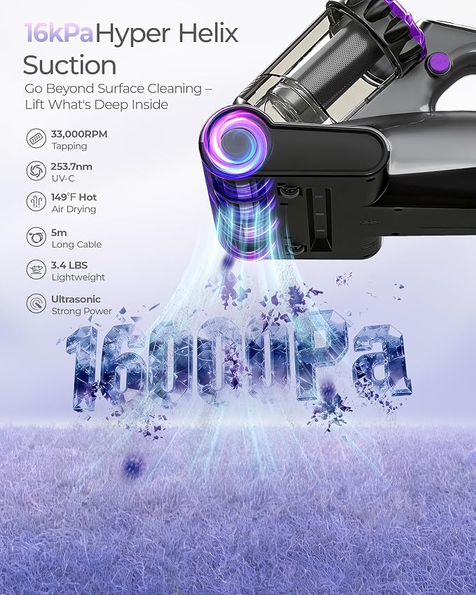 MayKing Mattress Vacuum Cleaner, 16kPa Pro Deep-Clean Bed Vacuum Cleaner with 33000 RPM/Min & 253.7nm UV-C Light, Handheld Vacuum with HEPA Filter, Ultrasonic & 149℉ Heat for Bed Sofa Crib, Model MV02