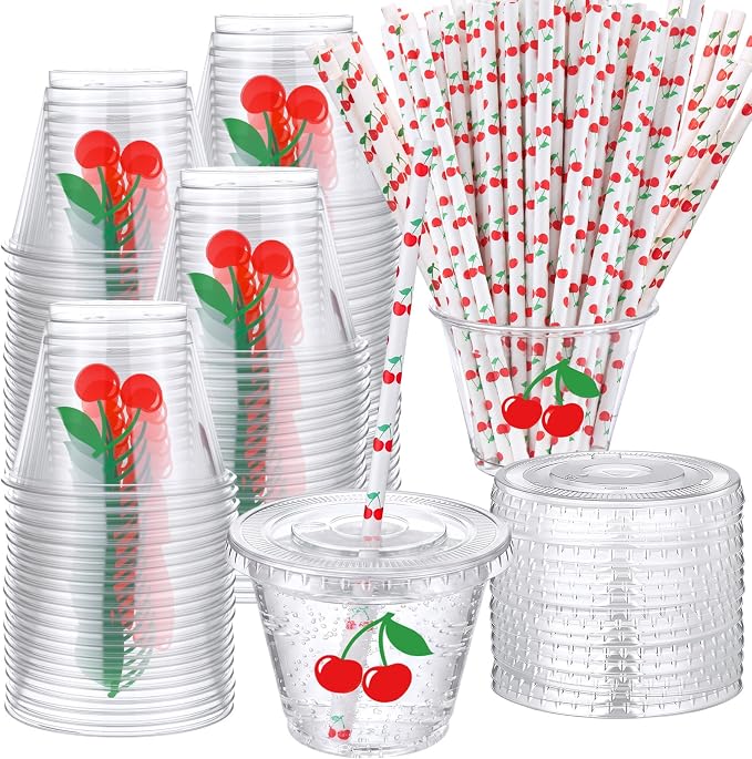 LemonRoad 100 Sets Cherry Disposable Plastic Cups Bulk with Lids Straws 9 oz Red Cherry Clear Plastic Cups Fruit Cold Beverage Drinking Container for Baby Shower Birthday Daily Holiday Party Supplies