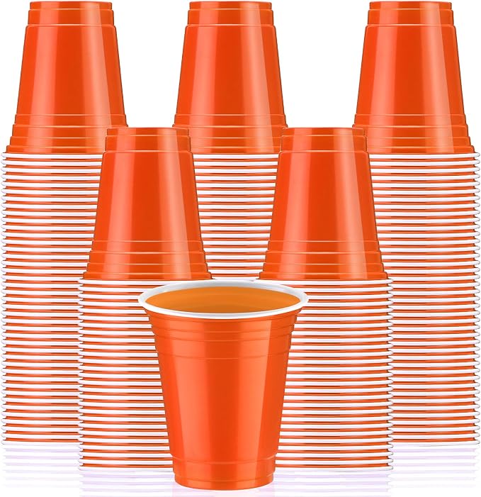 Sabary 100 Pack 12oz Plastic Cups Orange Graduation Heavy Duty Drinking Disposable Cups with Lines for Beverage Wedding Holiday Camping Barbecues Birthday Party Summer Outdoor Picnic