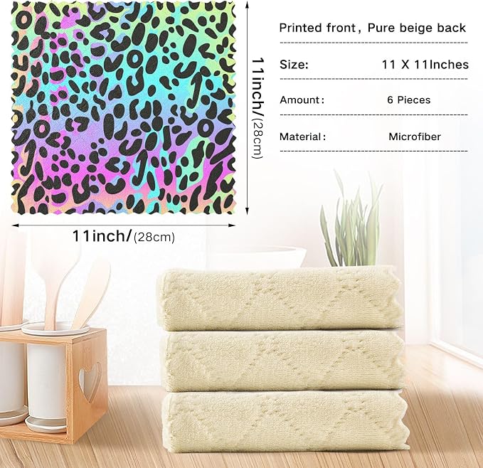 Rainbow Leopard Kitchen Towels Set of 6 Reusable Super Absorbent Dish Cloths for Washing Dishes Cars Home Machine Washable