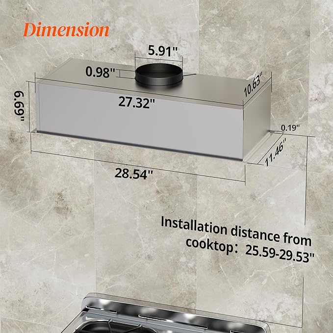 FIREGAS Range Hood 28 Inch, Built-in Stainless Steel Kitchen Vent Hood with 450 CFM, 3 Speed Exhaust Fan, 2 LED Lights & Button Control, Ducted/Ductless Convertible