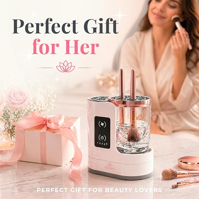 BRISEL 3-in-1 Makeup Brush Cleaner Machine & Dryer Electric Automatic Washer, Deep Clean & Dry in Minutes, USB Powered with LED, Fits All Brush Sizes, White & Rose Gold