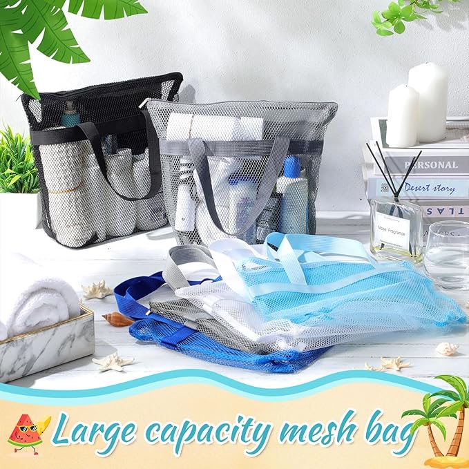 6 Pcs Mesh Shower Caddy Bags Portable Mesh Beach Bags Bulk with Zipper & 2 Pockets Hanging Toiletry and Bath Organizer for Gym Swimming Travel Camping College Dorms Beach (Classic Color)