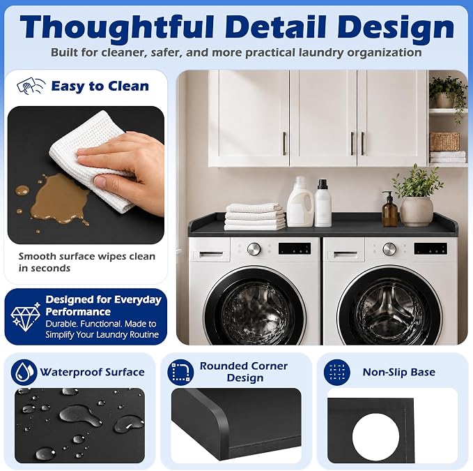 ROYXEN Washer Dryer Countertop, Laundry Countertop Solid Wood Core, Countertop for All Front-Loaded Washing Machine and Dryer, Extra Room for Laundry Room, Black