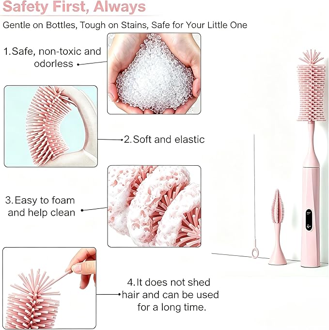 Rechargeable Electric Bottle Brush with 2 Speeds Powerful Automatic Bottle Cleaner,BPA-Free Silicone Spinning Design, Wall Mount & Straw Cleaner,Suitable for Baby Bottles & Kitchen (Pink+Pink)