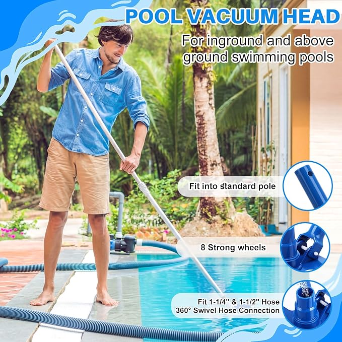 4 Pcs Swimming Pool Cleaning Kit Including Pool Vacuum Head with 1-1/2" x 30 ft Hoses Flexible Head with Pole 17.5 '' Cleaning Brush for Inground Above Ground Swimming Supplies