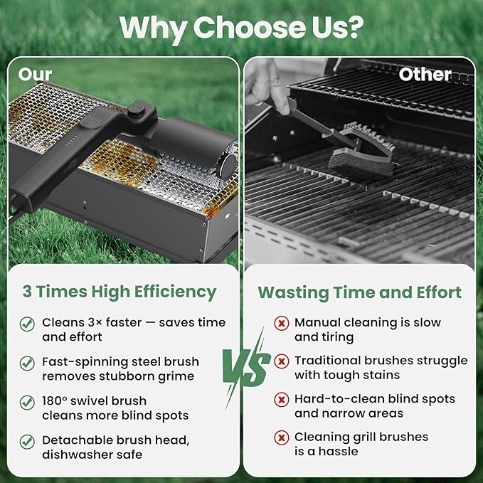 Electric Grill Brush for Outdoor Grill,Cordless Rechargeable Grill Cleaner with 180° Adjustable Angle,Presents Gifts for Mothers Day,Stainless Steel BBQ Grill Brush No Bristle Shedding,90 Mins Runtime