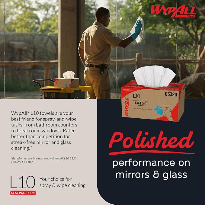 WypAll GeneralClean L10 Cloths Light Cleaning Wipes (05320), Pop-Up Box, Bulk Paper Wipers, White (18 Packs of 125 Sheets, 2,250 Sheet Total)
