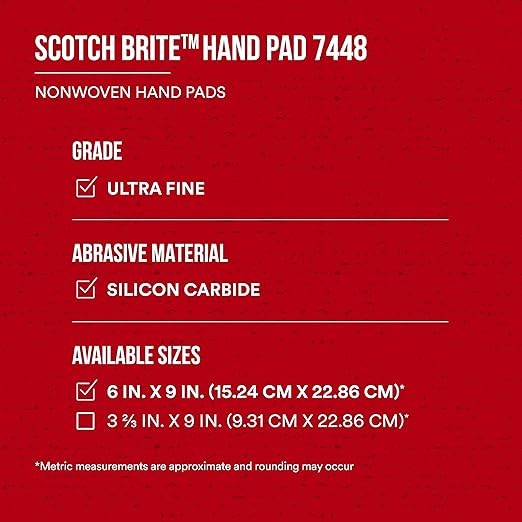 3M Scotch-Brite Ultra Fine Grade 7448 Hand Pad, Pack of 20, 6 in x 9 in Hand Pads, Nonwoven Silicon Carbide, Surface Preparation, Scuffing, and Cleaning, Gray