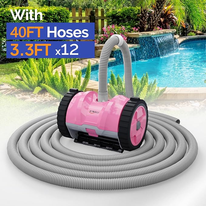 VINGLI Pool Vacuum Cleaner, Automatic Pool Sweeper for Ground&Inground Pools, Suction Side Wall-Climbing Sweeper with 39.6ft Tangle-Free Hose (Comfort Pink&Gray)