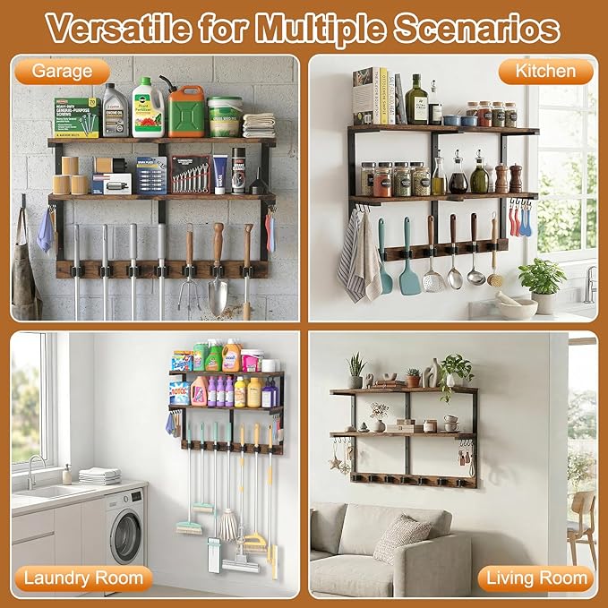 Housolution 2 Tier Broom Holder Wall Mount with Cleaning Supplies Organizer, 100 LBS High Load-Bearing Laundry Room Storage Shelves, Multifunctional Mop Hanger Rack with 7 Grippers & 8 Hooks