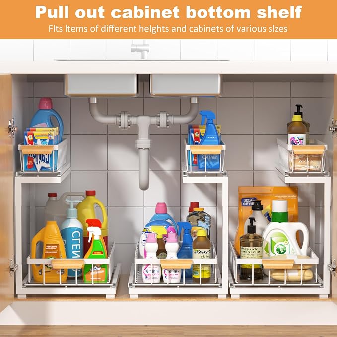 Under Sink Organizer 2 Tier, Pull Out Drawer Slides Under Sink Storage for Bathroom Kitchen,Multi-Purpose Drawer Under Cabinet Organizer for Cleaning Supplies (White, Large-1 Pack)