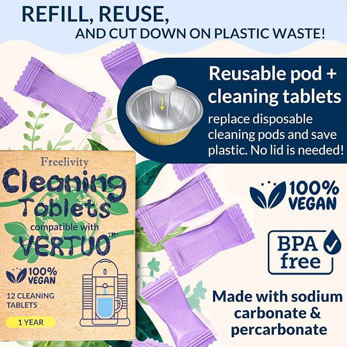 Nespresso Compatible Vertuo Cleaning & Descaling Kit – 12 Month Supply - Includes 4 Descaling Powder Solution, 12 Cleaning Tablets, 1 Reusable Pod, Eco-Friendly Vertuoline Maintenance Kit