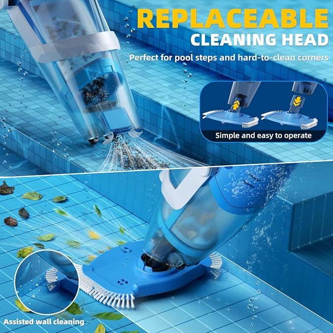 Cordless Pool Vacuum Above & Inground Pools, Powerful 1590 GPH Suction,Handheld Telescopic Pole up to 85.45", 1H Runtime, 2L Debris Bin, Rechargeable Pool Cleaner for Spas & Hot Tubs