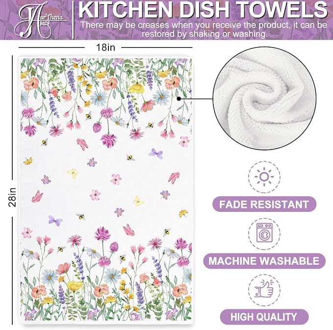 JarThenaAMCS 6Pcs Spring Summer Floral Kitchen Dish Towels Watercolor Wildflower 18 x 28 Inch Assorted Colorful Flower Hand Drying Tea Towels for Bathroom Farmhouse Baking Cooking Cleaning Wipes