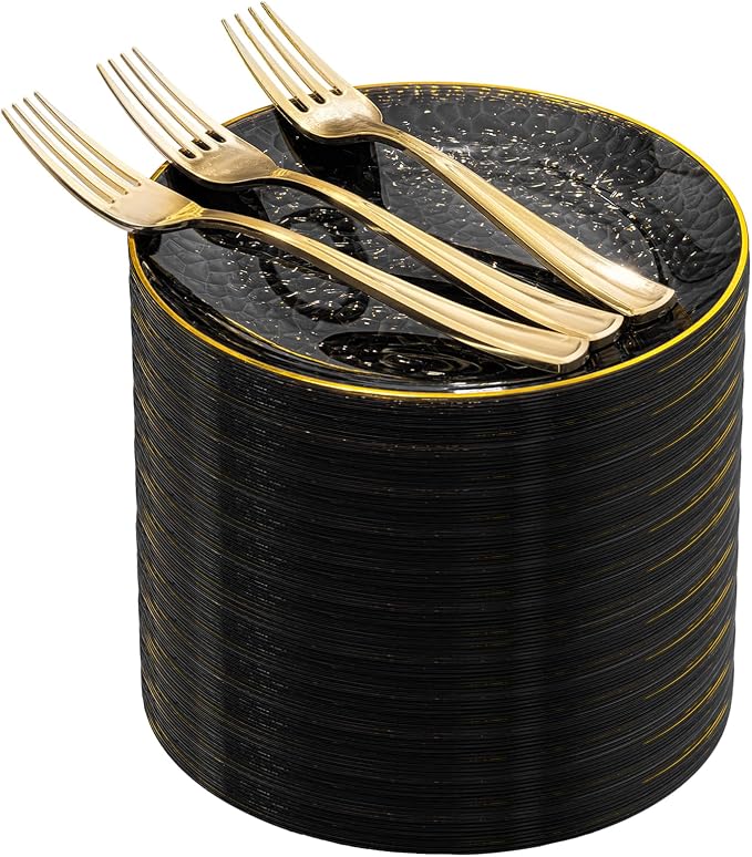 DaYammi 240Pcs Black Plastic Plates Including 120Pcs Black Dessert Plates and 120Pcs Gold Forks,Hammered Party Plate,Gold Rimmed Appetizer plates Heavy duty Disposable Plastic Plate for Party Birthday