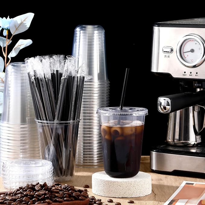 Ziliny 100 Set Clear Plastic Cups with Lids and Straws, Disposable Iced Coffee PET Cups for Drinking Cold Beverage Juice Parfait Smoothie Milkshake Coffee Shops Party Supplies (16 oz)