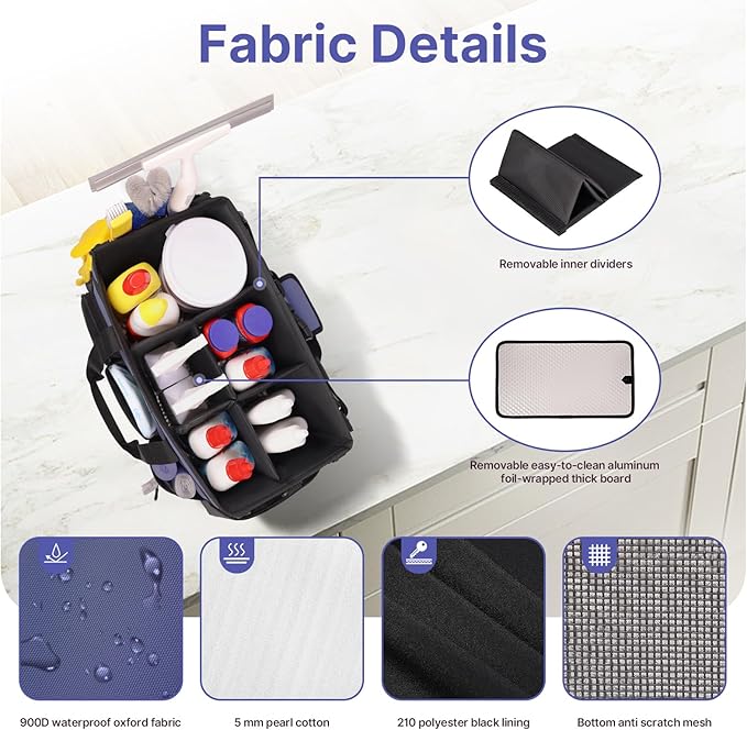 JKAOO Large Wearable Cleaning Caddy Bags,Cleaning Supplies Storage Bag with Handles and Adjustable Shoulder Strap and Removable Waist Straps,Waterproof Cleaning Bags for Home,Car,Office (Denim Blue)