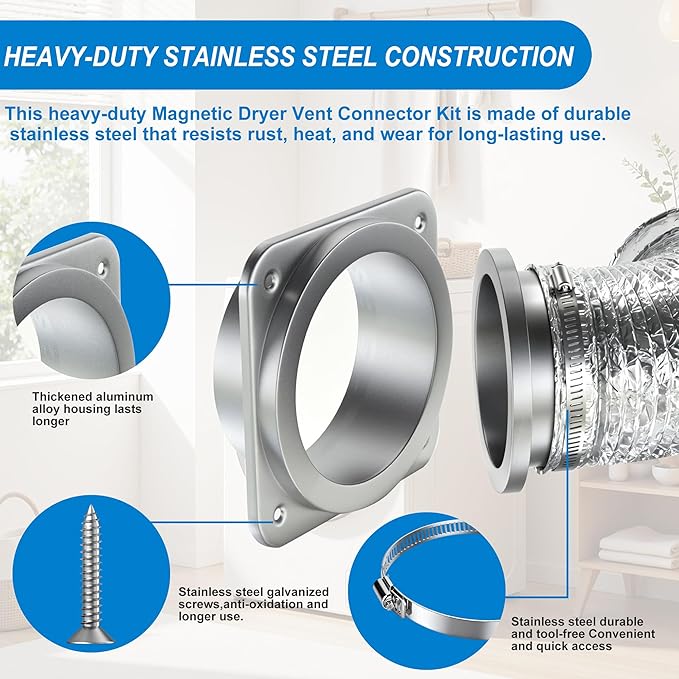 Magnetic Dryer Vent Connector Kit - Strong Magnet Airtight Seal Dryer Vent Hose for Tight Space, Quick Connect Disconnect, Easy to Clean 4-inch Sealed Hose with Clamps & Screws