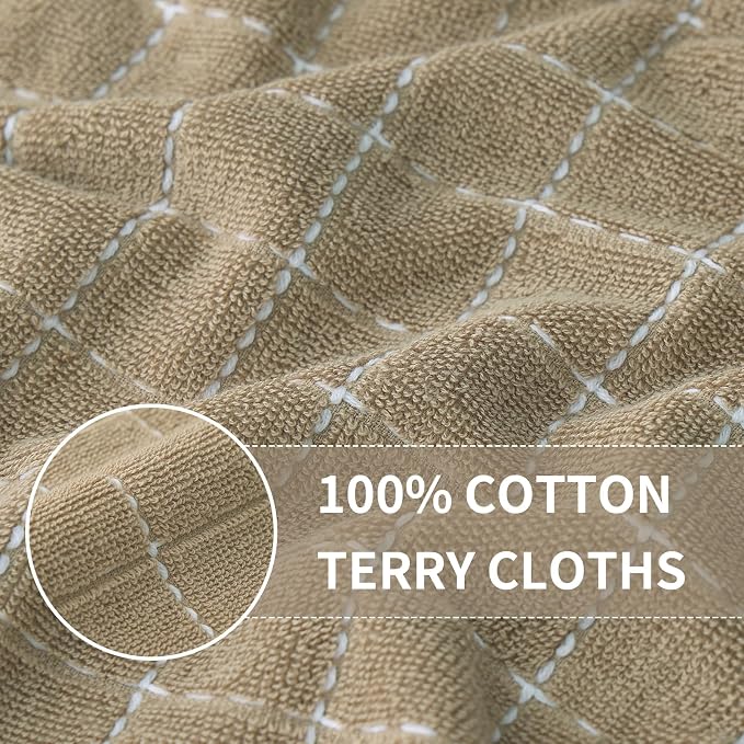 Homaxy 100% Cotton Terry Kitchen Towels(Tan, 13 x 28 inches), Checkered Designed, Soft and Super Absorbent Dish Towels, 8 Pack