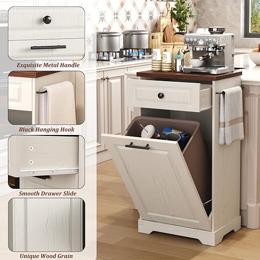 Function Home Trash Can Cabinet, 13 Gallon Tilt Out Trash Cabinet, Wooden Kitchen Garbage Can with Hideaway Drawer, Pet Proof Trash Can Holder for Kitchen Living Room, Antique White with Brown Top