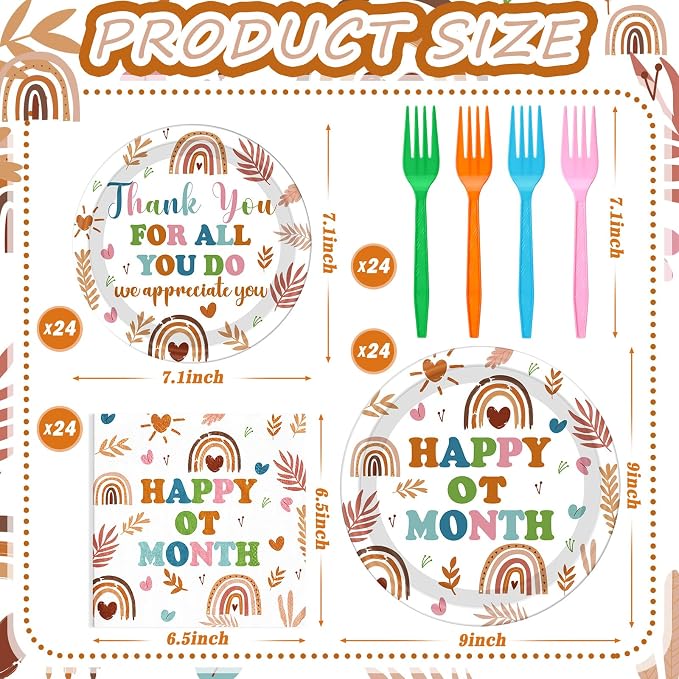 Remerry 96 Pcs Happy OT Month Party Supplies Occupational Therapist Appreciation Plates and Napkins Set Decoration Boho Thank You Medical Staff Themed Disposable Plates for OT Month Party Supplies