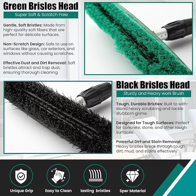 76.7" Sturdy Handle Water Push Floor Broom Green Bristles Cleaning Path 12.2" for Soft Cleaning Car Wash Boat and Solar Panel Black for Hard Floor Clean