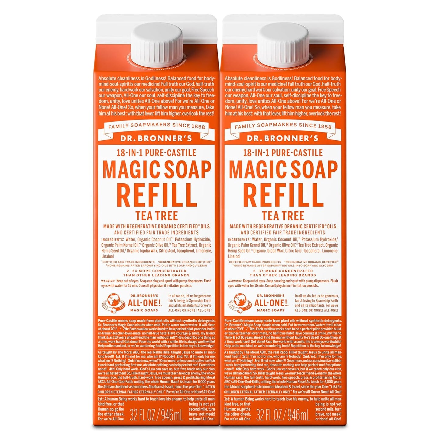 Dr. Bronner's Magic Soap-Pure-Castile Liquid Soap Refill (Tea Tree, 32 ounce, 2-Pack)-Regenerative Organic Certified Oils, For Body, Hair, Laundry & Dishes, Concentrated, Vegan, Non-GMO