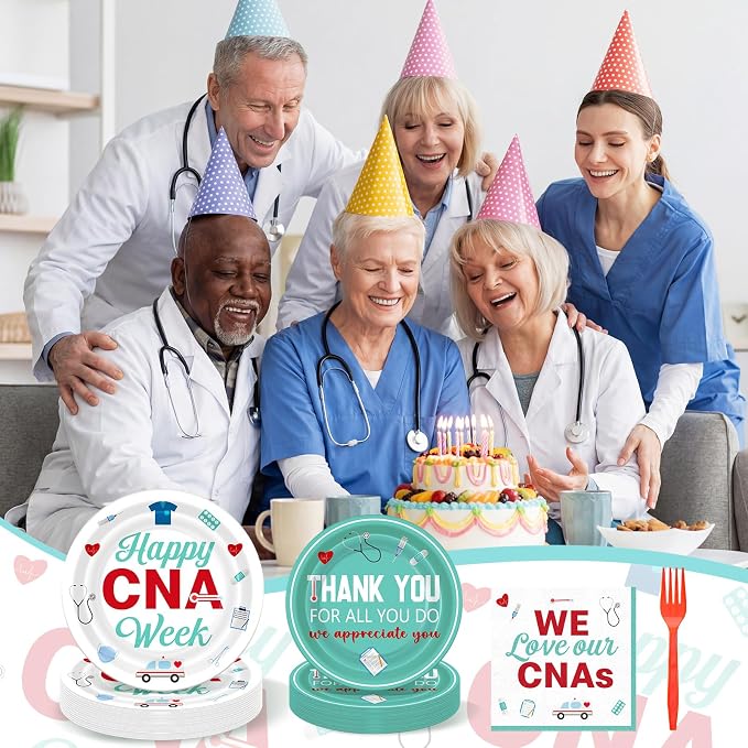 Remerry 96 Pcs Happy Cna Week Party Supplies Nurse Appreciation Plates and Napkins Set Decoration We Love Our Cnas Disposable Plates Thank You for All You Do Party Decoration