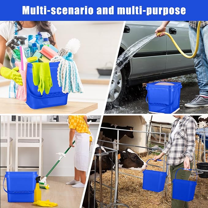 Jingmore 4 Pcs Plastic Bucket 5 Quart Square Bucket Utility Small Pail with Handle Sturdy Pail Organizer for House Cleaning Storage Livestock Feeding Car Washing Food Storage, No Lids(Blue)