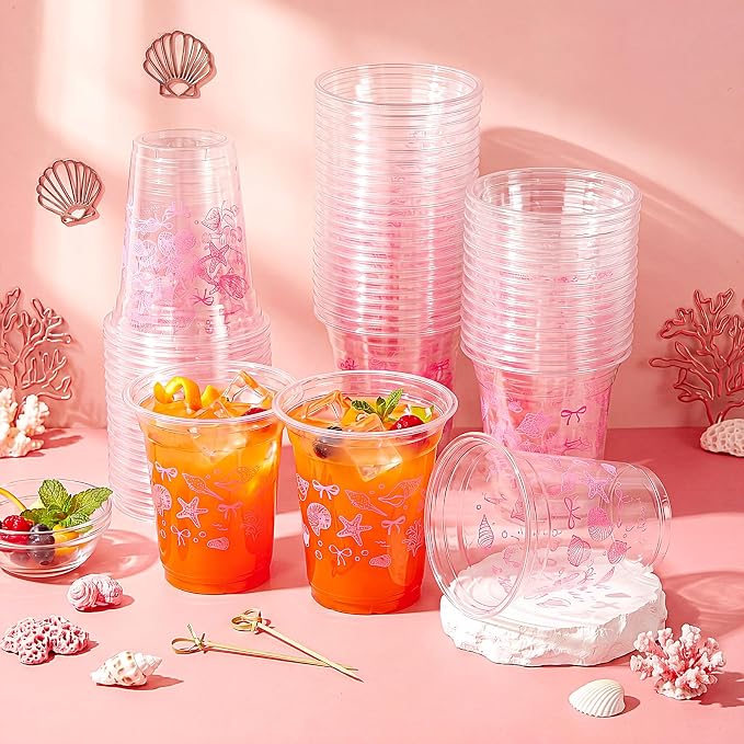 Tanlade 60 Pcs Ocean Party Plastic Cups 12 oz Pink Bow Seashell Starfish Coastal Nautical Sea Theme Disposable Cups for Baby Shower Summer Theme Birthday Wedding Party Supplies Decorations