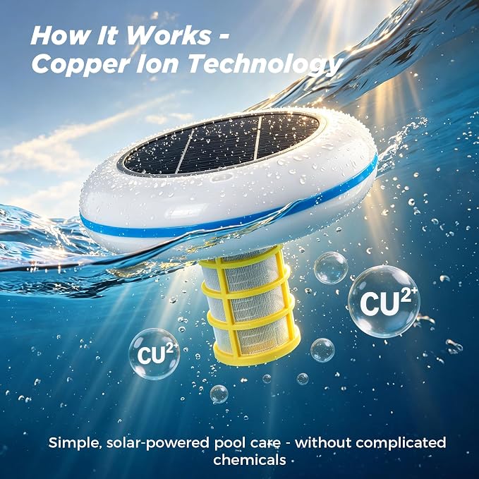 Solar Pool Ionizer with Multi-Color LED Light – Floating Copper Pool Ionizer with Large Solar Panel & Durable Anode for Above Ground & Inground Pools Up to 35,000 Gallons