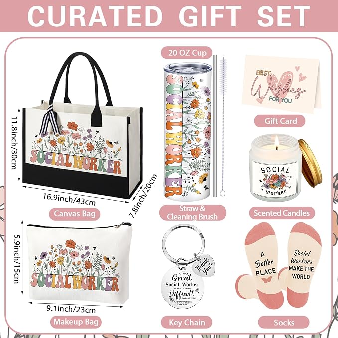 Patelai 7 Pcs SocialWorker Appreciation, School Worker Must Haves Gifts with 20 oz Tumbler Tote Bag Candle Socks Makeup Bag Keychain Card for for Bsw Msw Dsw Lcsw Coworker Volunteer Office Supplies