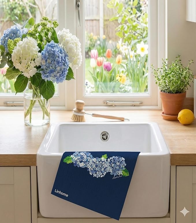 Garden Collection Hydrangea Swedish Dishcloth, Reusable Paper Towel, Super Absorbent Cellulose Sponge, Kitchen Cleaning Cloth, Washable & Compostable (Blue Hydrangea - 4 Pack)
