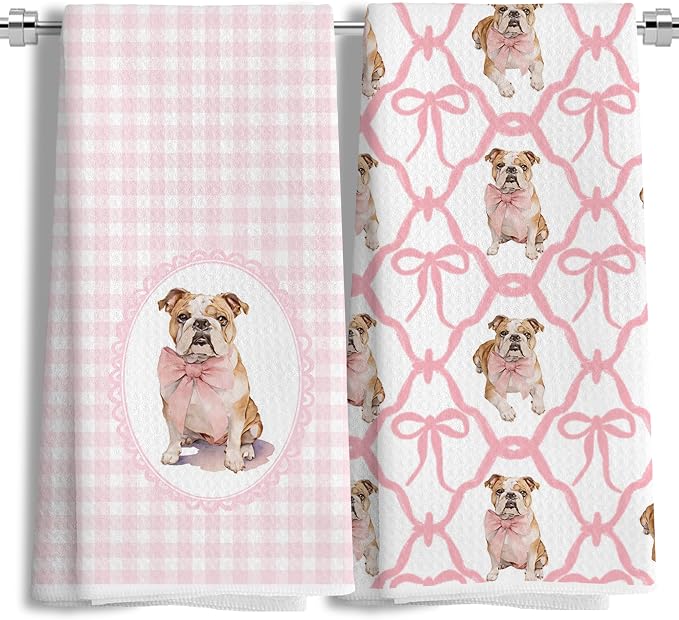 Coquette Pink Bow French Bulldog Dog Kitchen Hand Towels for Bathroom, French Bulldog Gifts for Women, Coquette Pink Goldendoodle Dog Girly Bathroom Kitchen Decor, 16x24 Inches Set of 2
