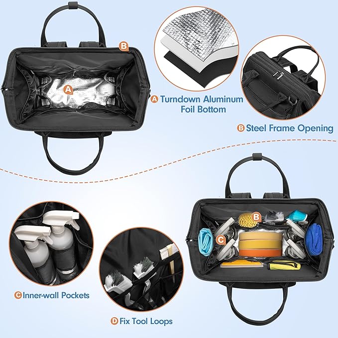 LoDrid Heavy Duty Cleaning Supplies Bag with Steel Frame Top, Large Cleaning Caddy with Adjustable Shoulder Straps and Multiple Pockets for Housekeeping Work, Black, Bag Only, Patent Designed
