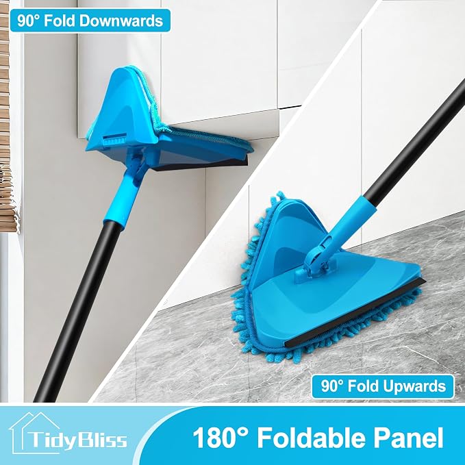 TidyBliss Wall Mop Cleaner with Long Handle 80”, Ceiling Duster Scrubber with 360° Swivel Collapsible Head, Baseboard Cleaning Tool with 4 Chenille and 2 Microfiber Pads for Windows Floor (Blue)
