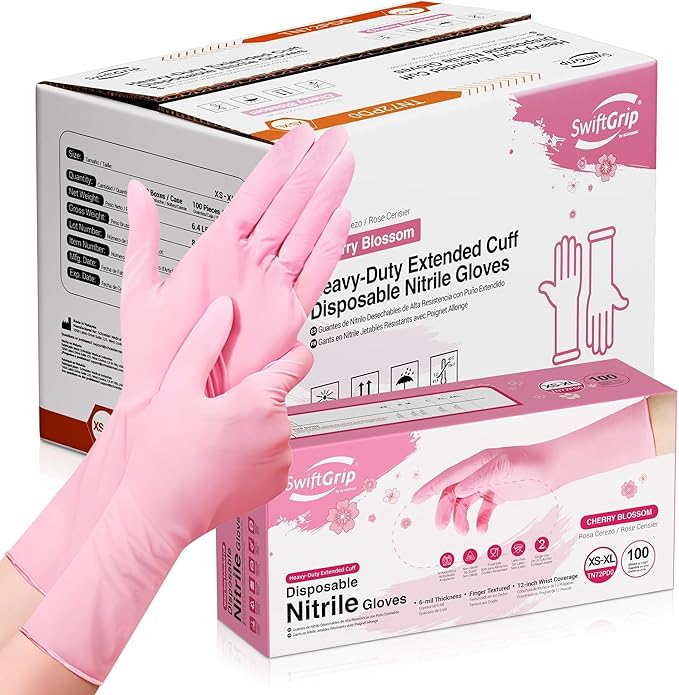 SwiftGrip Disposable Nitrile Dishwashing Gloves, Extended 12 Inches Cuff, 6-mil, Cherry Blossom Cleaning Gloves, Latex-Free