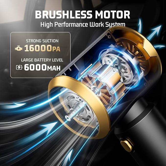 Cordless Car Vacuum Cleaner: Handheld Vacuum with 𝟏𝟔𝟎𝟎𝟎𝐏𝐚 Strong Suction, 𝐁𝐫𝐮𝐬𝐡𝐥𝐞𝐬𝐬 𝐌𝐨𝐭𝐨𝐫 & HEPA Filter, 𝟕-𝐢𝐧-𝟏 Cleaning Kit, Type-C Charging for Home Office Car - Black