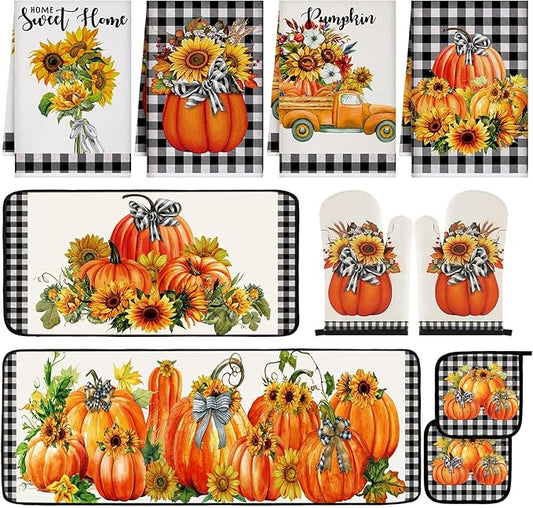 Fanfanwin 10 Pcs Thanksgiving Pumpkin Kitchen Decor Set Kitchen Towels Pot Holders Oven Mitts and Rugs Set Thanksgiving Decor for Baking Cooking BBQ Autumn Home