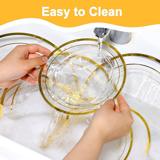 200 PCS Clear Gold Plastic Plates, Gold Rimmed Disposable Party Plates Include 100 Dinner Plate and 100 Dessert Plate Perfect for Party, Holiday, Birthday, Wedding